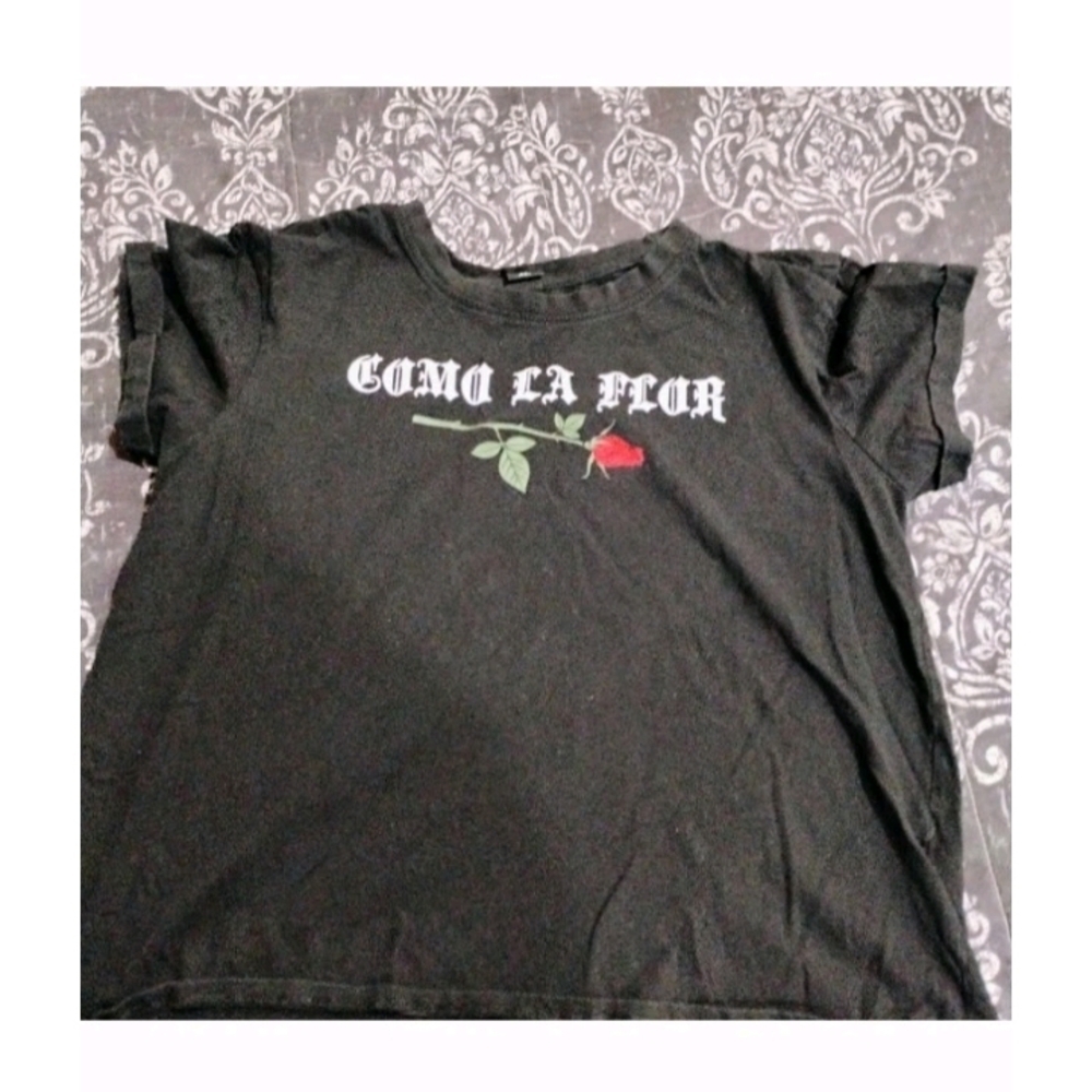 Black Graphic Tee with Rose Design